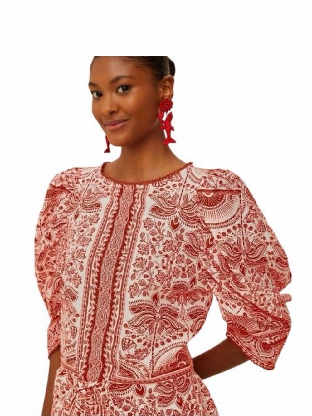 FARM Rio Red Paisley Puff-Sleeve Blouse